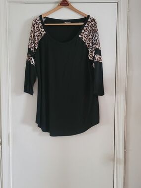 Avenue Black Scoop Neck Top with Leopard Print Accents